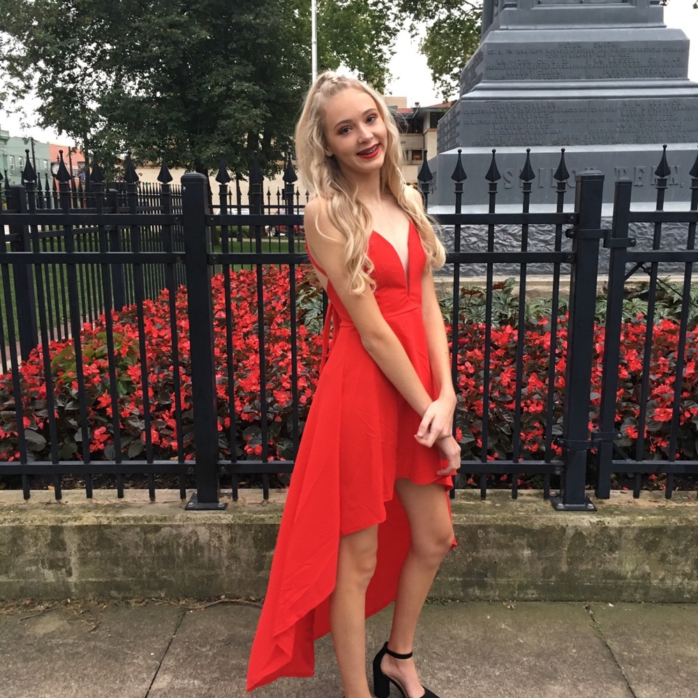 Criss Cross High-Low Dress Red: Homecoming or Prom